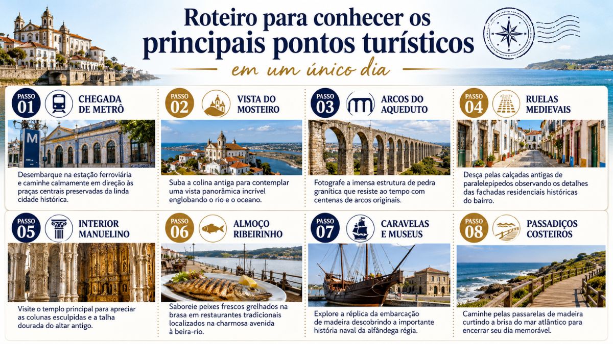 Infográfico em fundo branco com detalhes em azul contendo um roteiro de oito passos numerados para visitar Vila do Conde, exibindo títulos, fotos ilustrativas de monumentos, praias e gastronomia, acompanhados de pequenos textos explicativos para cada etapa.