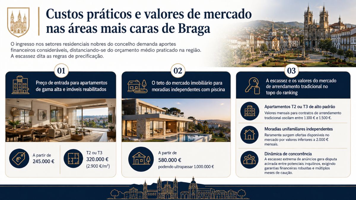 Infográfico detalhado com os valores de mercado imobiliário em Braga, exibindo preços de apartamentos de gama alta, moradias com piscina e valores de arrendamento.