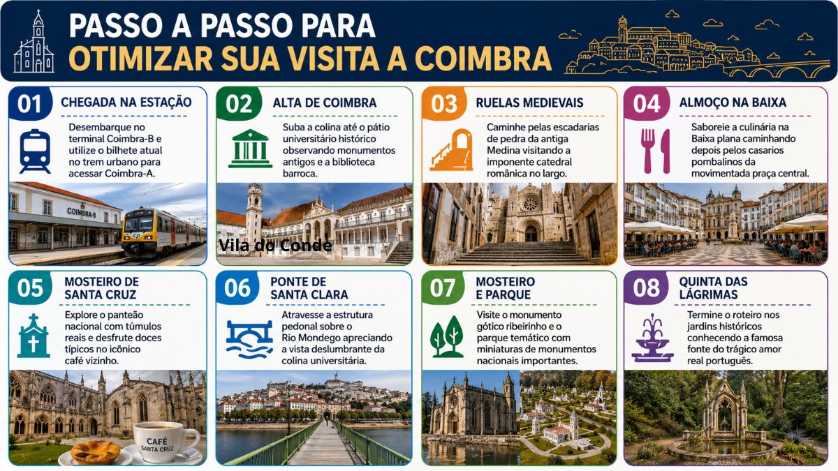 Infográfico sobre turismo em Coimbra mostrando oito passos numerados com fotos dos principais pontos turísticos como a universidade e a Quinta das Lágrimas.