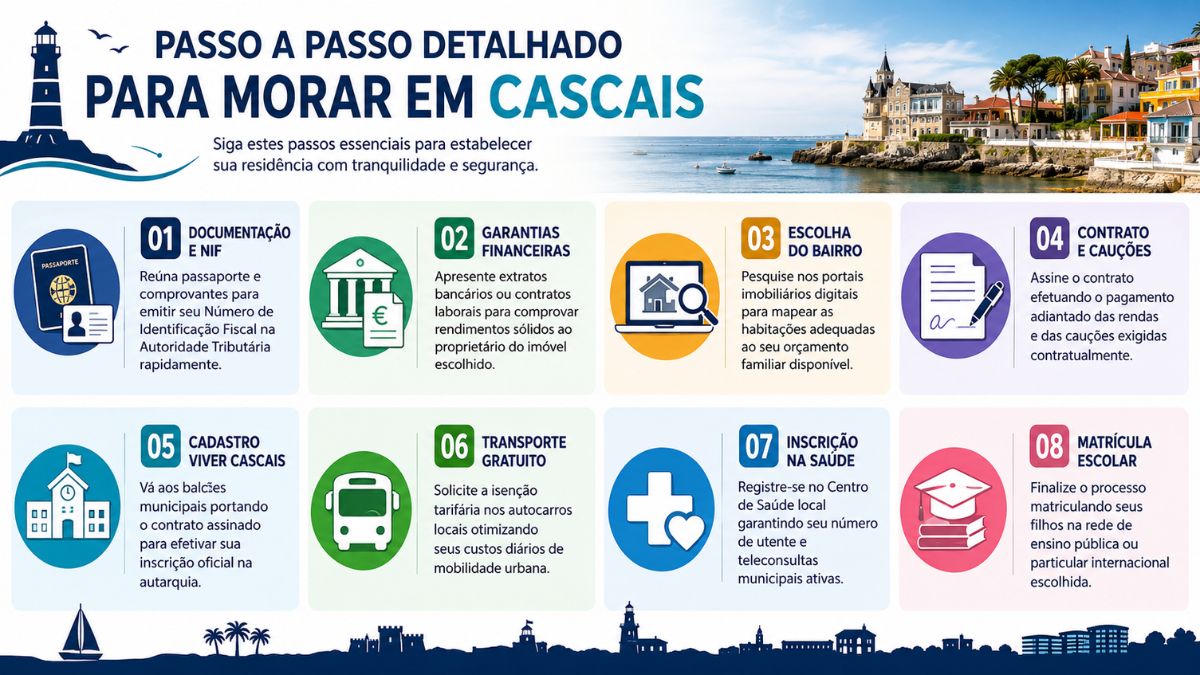 Infográfico azul e branco com oito passos numerados contendo ícones e textos explicativos sobre como morar em Cascais.