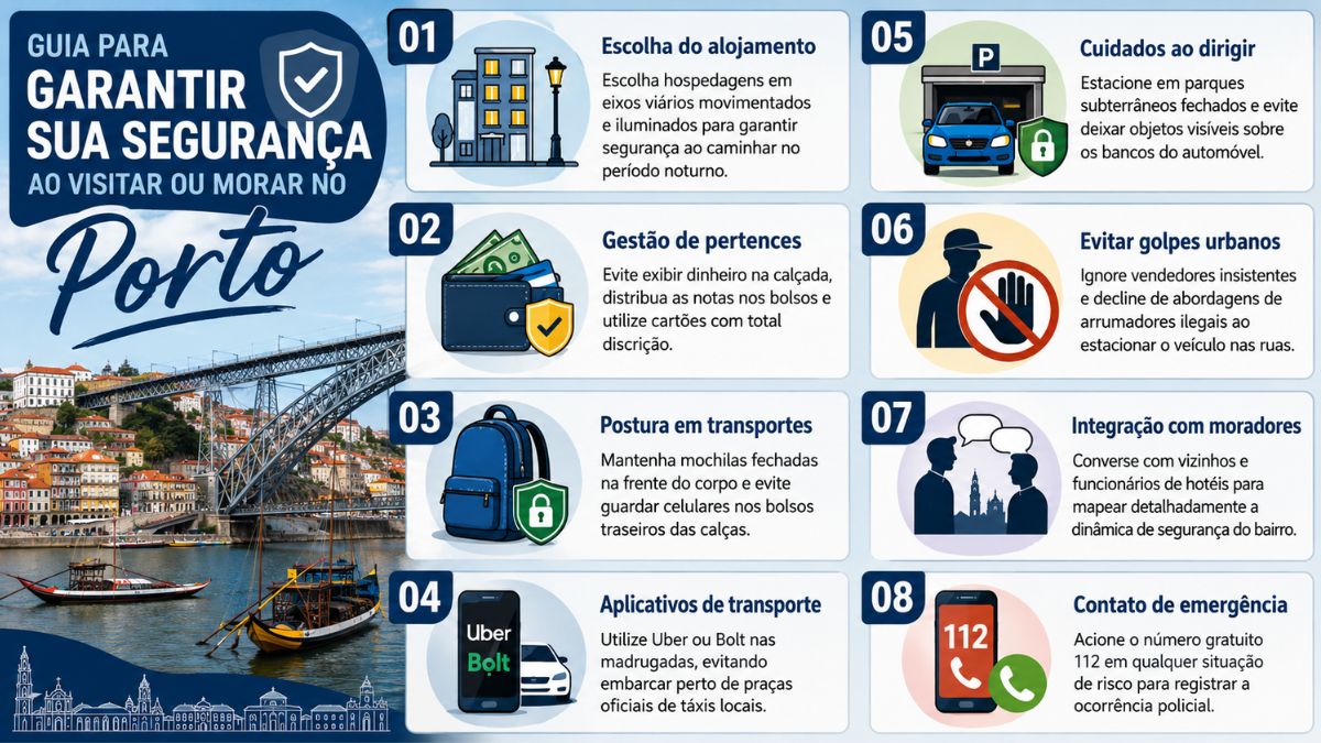 Infográfico em tons de azul com o título Guia para garantir sua segurança ao visitar ou morar no Porto, apresentando oito blocos numerados com ilustrações explicativas e uma foto da Ponte Luís I com barcos rabelos no Rio Douro localizados na lateral esquerda.