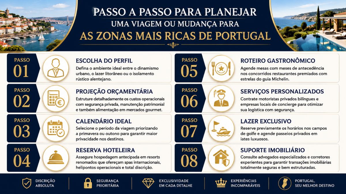 Infográfico com fundo azul escuro e dourado detalhando em oito blocos numerados as etapas de planejamento para Portugal.