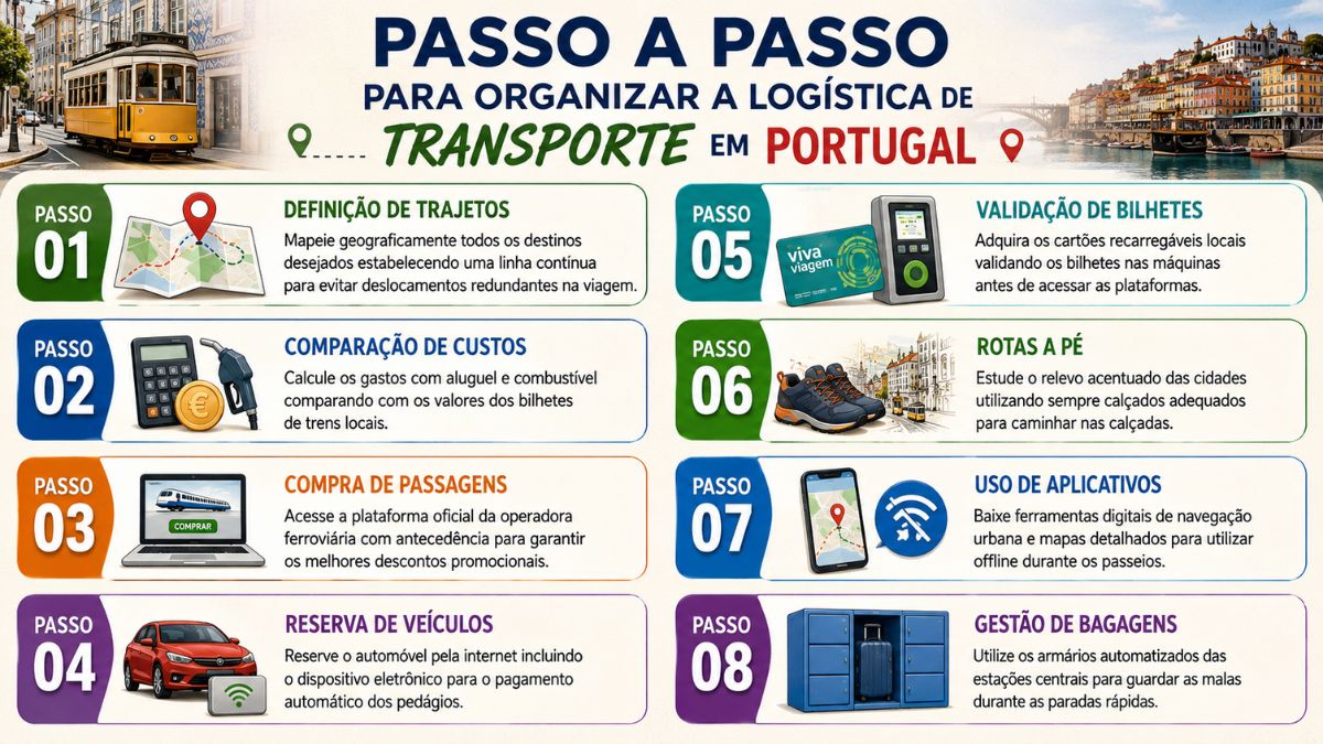 Infográfico detalhado com oito passos ilustrados sobre o planejamento de trajetos, custos, passagens, veículos, bilhetes e malas em Portugal.