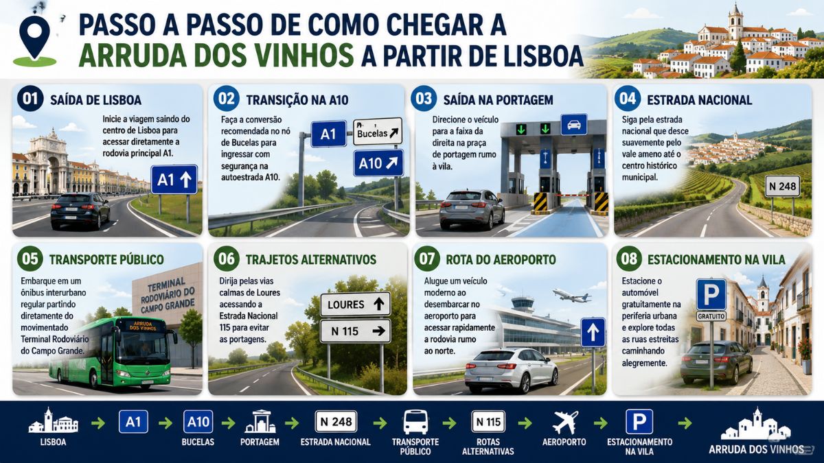 Infográfico com oito passos ilustrados detalhando o trajeto rodoviário e as opções de transporte de Lisboa até a vila de Arruda dos Vinhos.