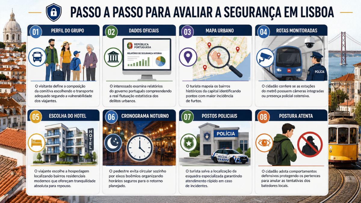Infográfico ilustrado com fundo da cidade de Lisboa mostrando oito cartões numerados e sequenciais com dicas de segurança pública para planejamentos de viagens.