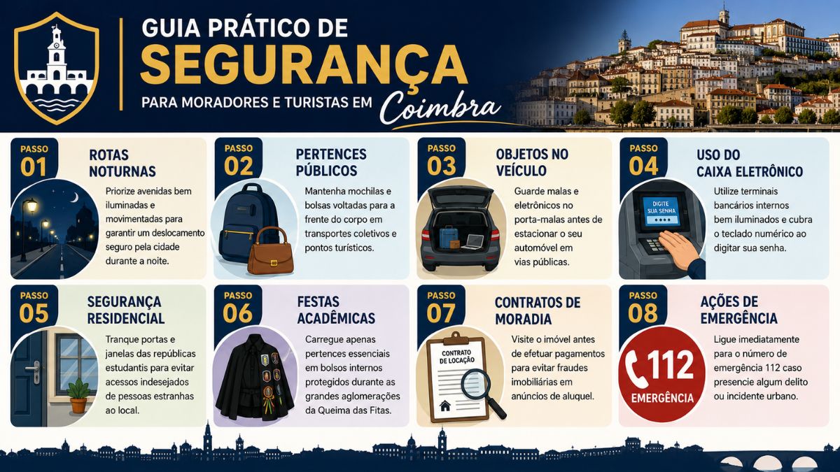 Infográfico com fundo azul e bege contendo oito passos ilustrados sobre prevenção e dicas de segurança na cidade de Coimbra.