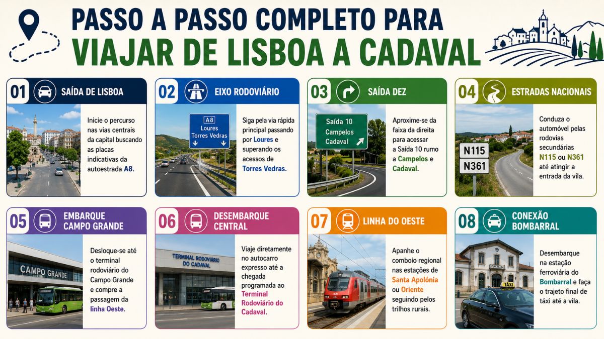 Infográfico informativo com oito etapas ilustradas detalhando rotas de carro, autocarro e comboio para viajar de Lisboa até a vila do Cadaval.
