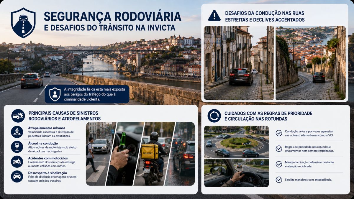 Infográfico explicativo sobre segurança rodoviária no Porto abordando regras de trânsito condução em ruas estreitas causas de acidentes e cuidados em rotundas