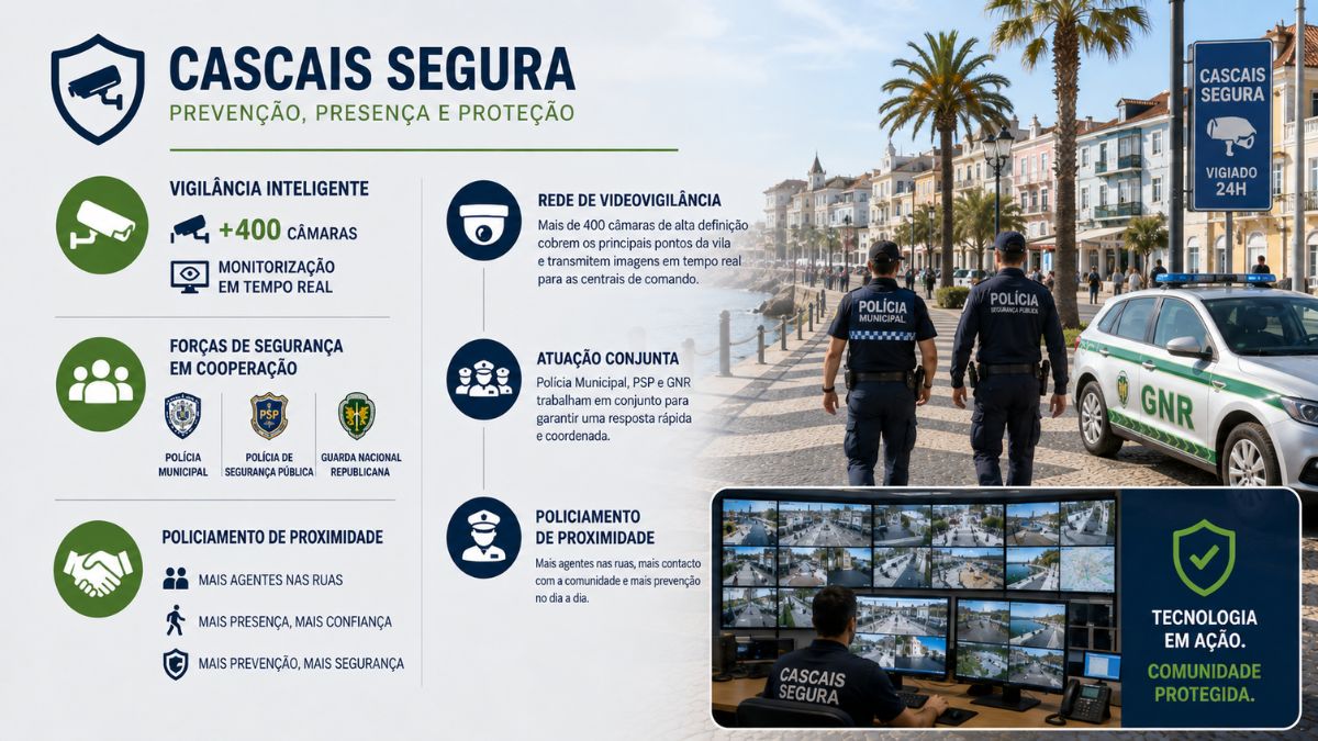 Infográfico sobre a infraestrutura de segurança em Cascais destacando o sistema com mais de 400 câmaras de videovigilância, a atuação conjunta da Polícia Municipal, PSP e GNR, e o reforço do policiamento de proximidade.