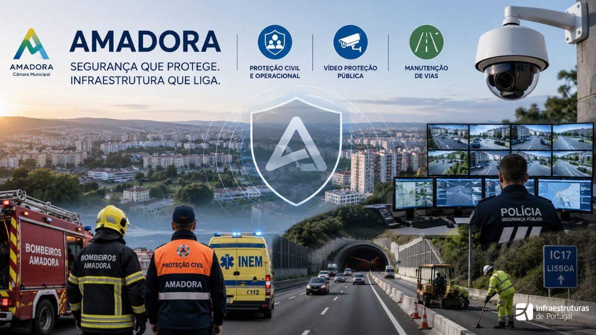 Infográfico da Câmara Municipal da Amadora destacando a Proteção Civil com bombeiros e INEM, videoproteção urbana da PSP e manutenção viária no IC17.