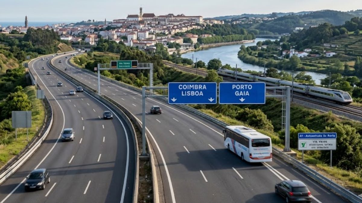 Vista aérea de uma autoestrada moderna com carros e ônibus em Portugal exibindo placas de sinalização para Coimbra e Porto enquanto um trem de alta velocidade circula em trilhos paralelos cercados por paisagens verdes.