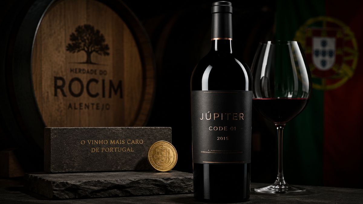 Garrafa de vinho tinto Júpiter Code 01 safra 2015 da Herdade do Rocim ao lado de um copo, barril de madeira e placa com a frase o vinho mais caro de Portugal.