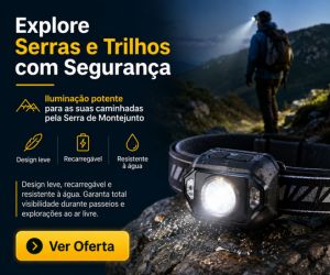 Lanterna de cabeça LED preta sobre rocha molhada com pessoa a caminhar na serra ao fundo durante a noite.