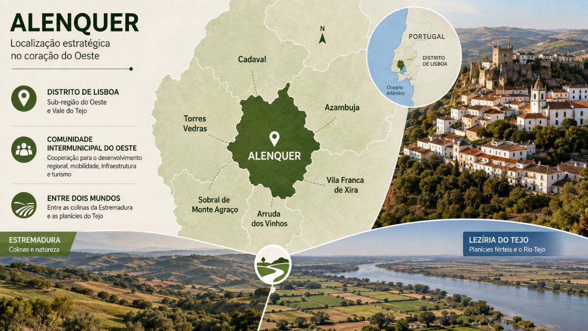 Infográfico com o mapa geográfico de Alenquer no Distrito de Lisboa, destacando a fronteira com Cadaval, Azambuja, Vila Franca de Xira, Arruda dos Vinhos, Sobral de Monte Agraço e Torres Vedras.