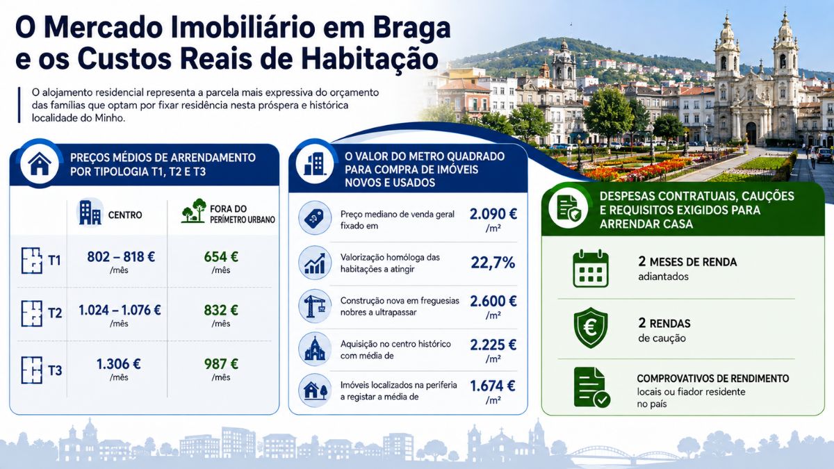 Infográfico detalhado sobre o mercado imobiliário em Braga com preços médios de arrendamento e valor do metro quadrado para compra.