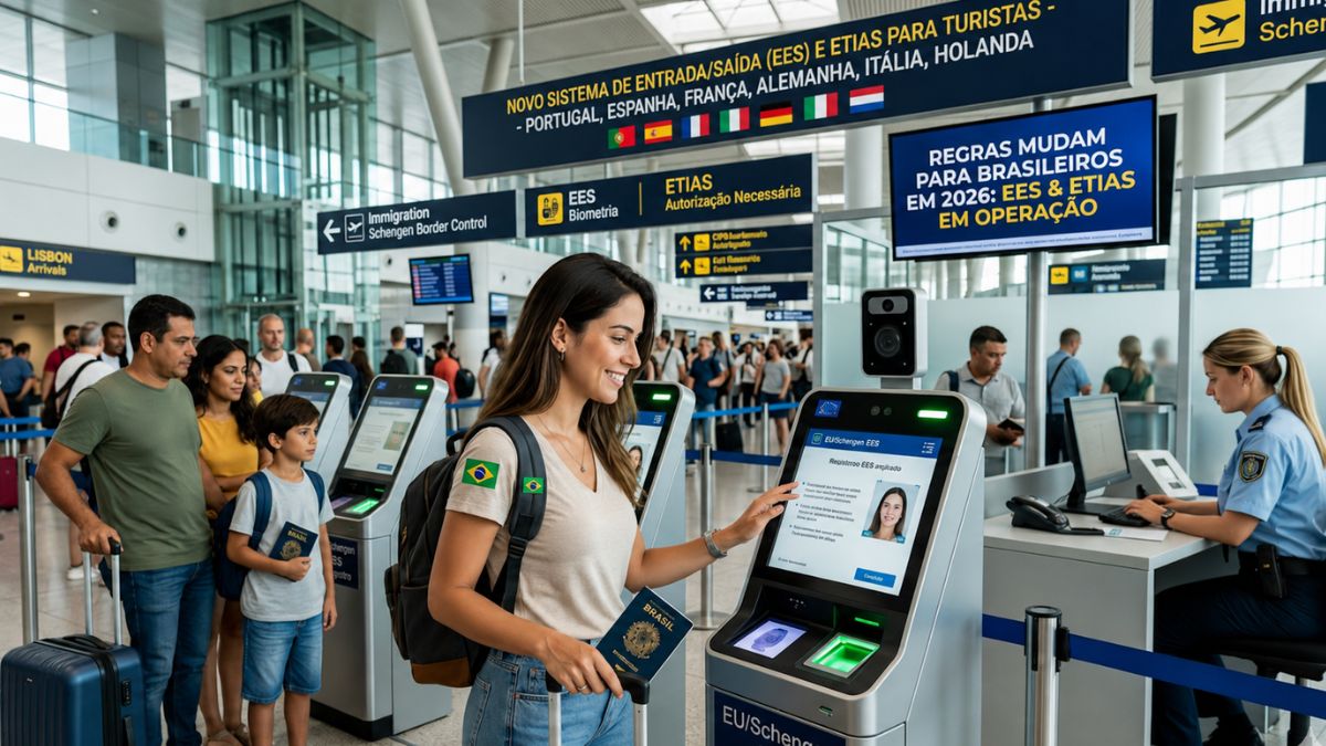 Fotografia ultra-realista de uma área de controle de imigração do Espaço Schengen em um aeroporto europeu moderno em 2026. No centro, uma turista brasileira jovem sorri enquanto interage com um quiosque de autoatendimento do Sistema de Entrada e Saída (EES) da União Europeia. Ela está usando a tela tátil do quiosque para realizar o registro biométrico. A turista tem uma bandeira do Brasil na mochila e segura um passaporte brasileiro visível. Atrás dela, uma família brasileira aguarda sua vez na fila. Vários sinais claros e telas digitais exibem texto em português e inglês, incluindo informações como "Regras mudam para brasileiros em 2026: EES & ETIAS em operação" e "Novo sistema de entrada e saída (EES) para turistas na Europa". A imagem captura a movimentação de outros viajantes e oficiais de imigração em seus postos de controle, ilustrando o novo processo de entrada para cidadãos de fora da UE.