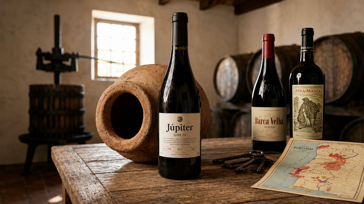 Garrafa do vinho mais caro de Portugal Júpiter Code 01 sobre mesa rústica ao lado de ânfora de barro com vinhos Barca Velha e Pêra-Manca ao fundo na adega.
