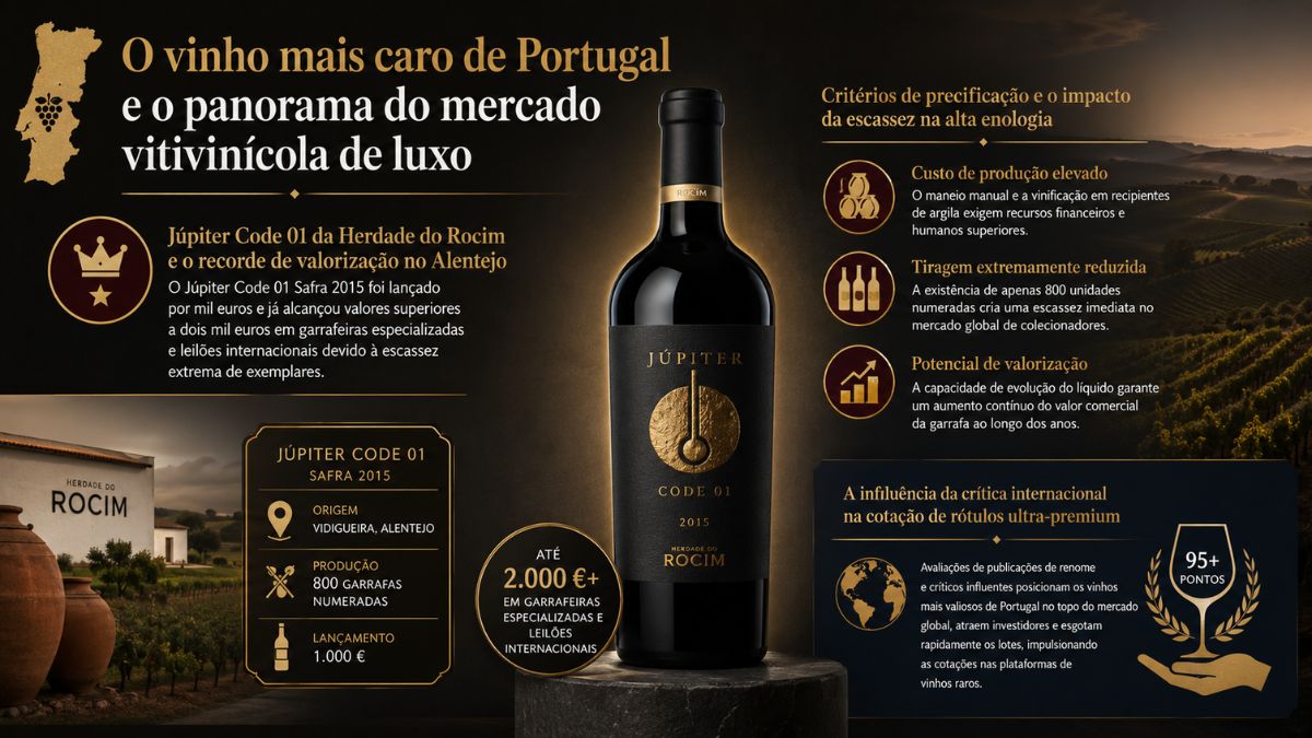 Garrafa de vinho tinto Júpiter Code 01 Safra 2015 da Herdade do Rocim com infográfico sobre o vinho mais caro de Portugal e mercado de luxo.