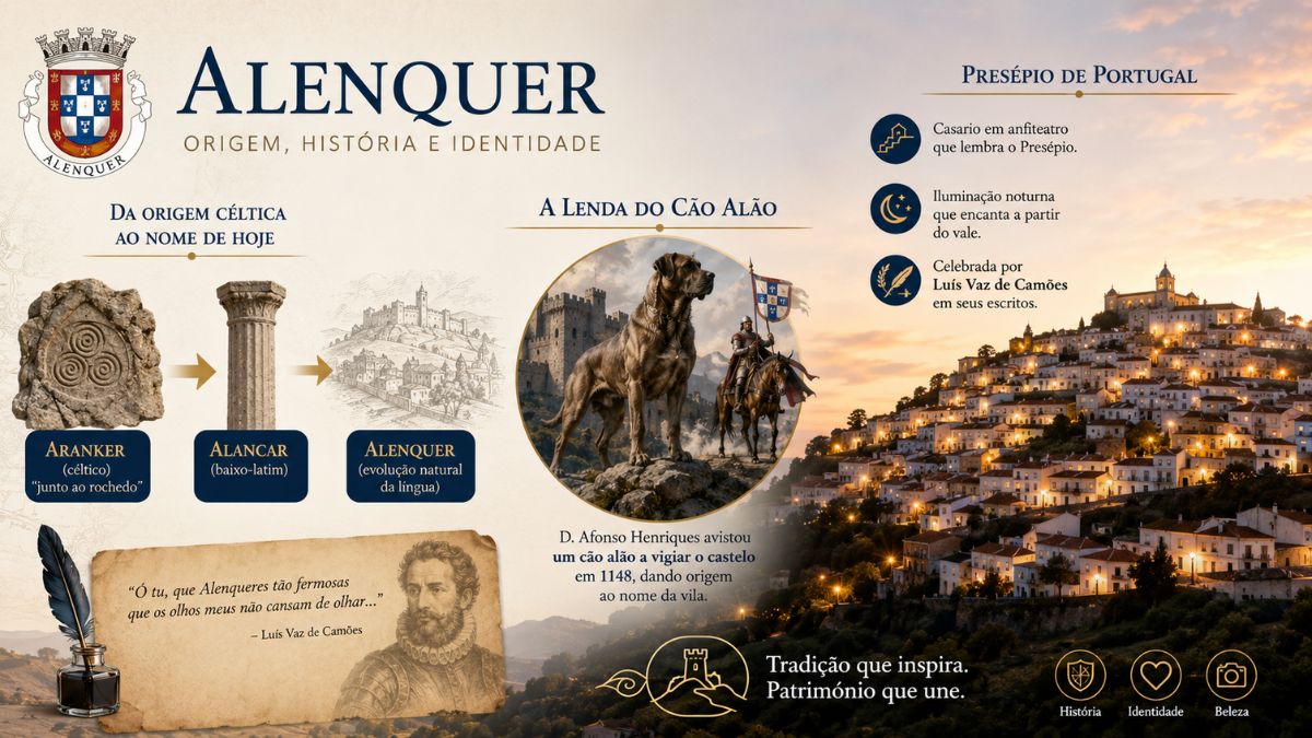 Infográfico explicativo sobre a origem e o significado de Alenquer, destacando a evolução etimológica desde o termo celta Aranker, a lenda medieval do cão alão com D. Afonso Henriques e a vista noturna da Vila Presépio.