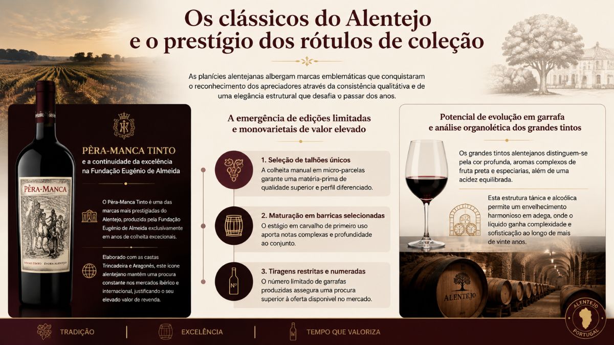 Infográfico sobre vinhos clássicos do Alentejo exibindo garrafa de Pêra-Manca Tinto, etapas de produção e análise organolética dos grandes tintos.