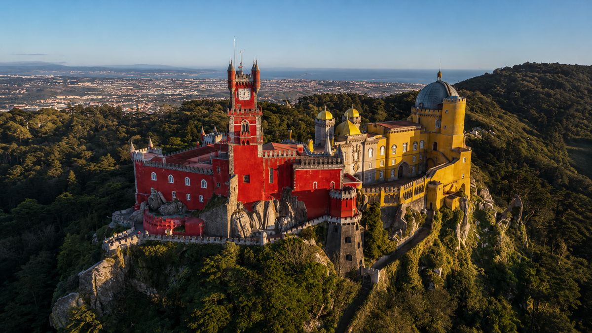 Vista aérea do Palácio Nacional da Pena no topo de uma colina arborizada em Sintra exibindo suas cores vermelha e amarela sob o céu azul.