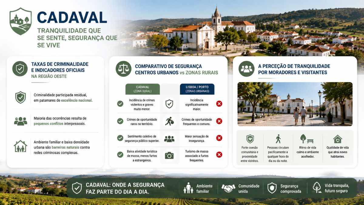 Infográfico informativo detalhando indicadores oficiais de criminalidade no Cadaval, comparativo de segurança entre zonas rurais e centros urbanos como Lisboa e Porto, além da percepção de tranquilidade por moradores.
