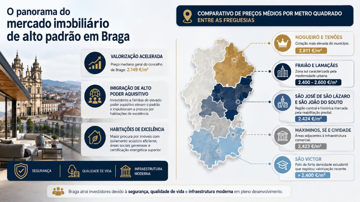 Infográfico sobre o mercado imobiliário de alto padrão em Braga destacando o mapa comparativo de preços por metro quadrado nas freguesias.