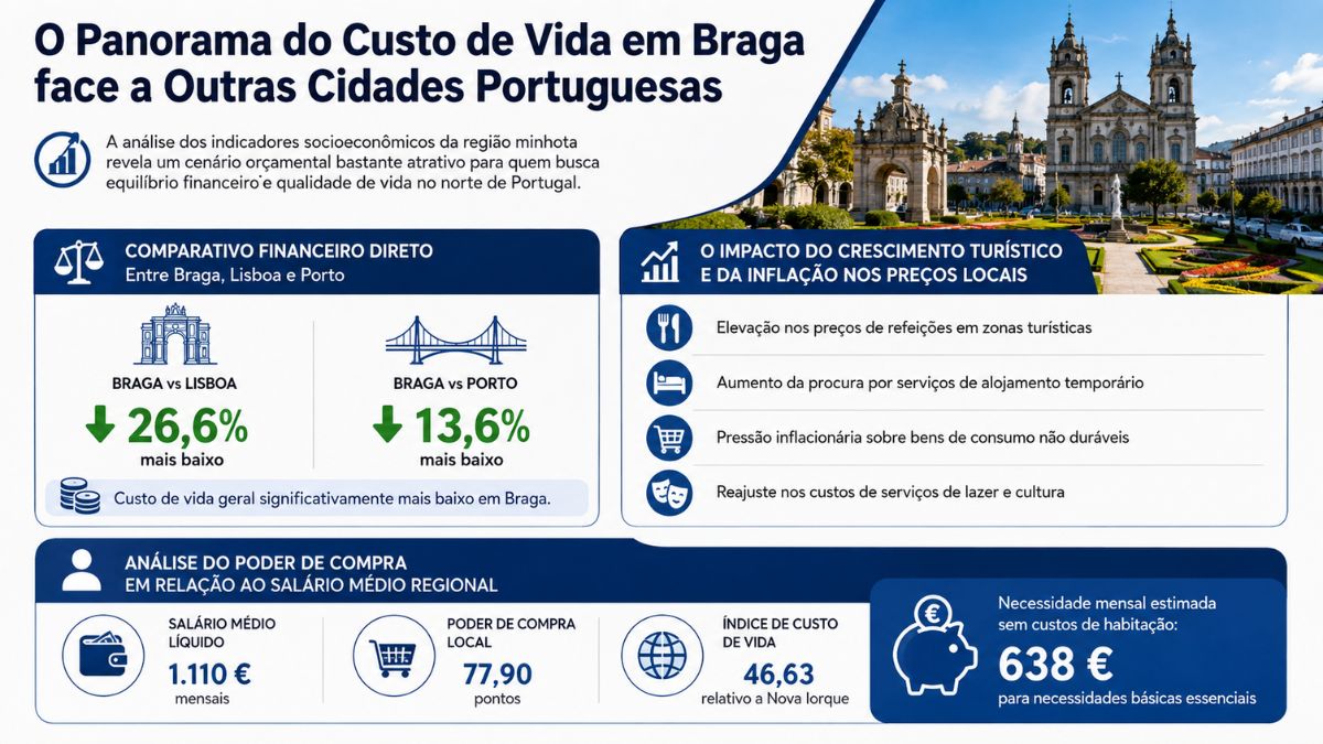 Infográfico detalhando o panorama do custo de vida no município minhoto com dados comparativos entre Braga Lisboa e Porto.