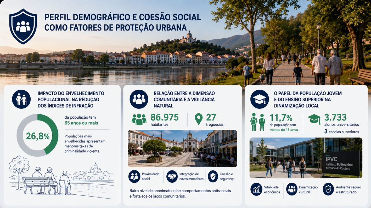 Infografia com dados demográficos, indicadores de envelhecimento e estatísticas do ensino superior em Viana do Castelo.