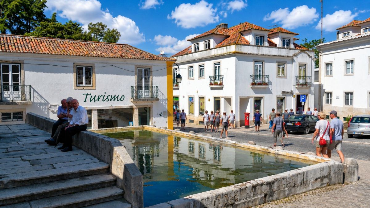 Imagem panorâmica mostrando o Posto de Turismo de Arruda dos Vinhos, um espelho d'água em primeiro plano refletindo o céu e os edifícios, pessoas sentadas e caminhando na praça de calçada sob um dia ensolarado em Portugal.