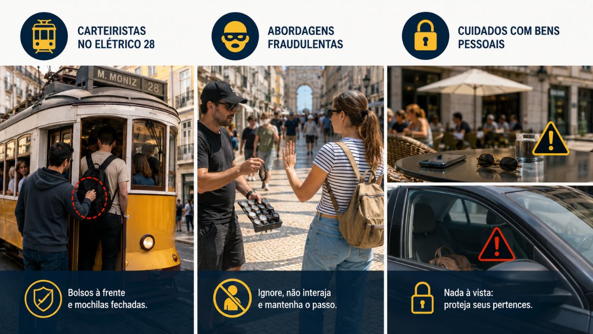 Infográfico sobre prevenção de delitos em Lisboa detalhando cuidados no elétrico vinte e oito abordagens fraudulentas na rua e proteção de bens em esplanadas e veículos.