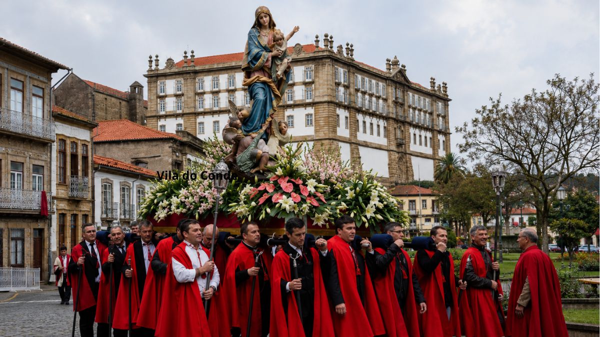Um grupo de homens em capas vermelhas carrega um grande andor florido com a estátua da Virgem Maria em Vila do Conde.