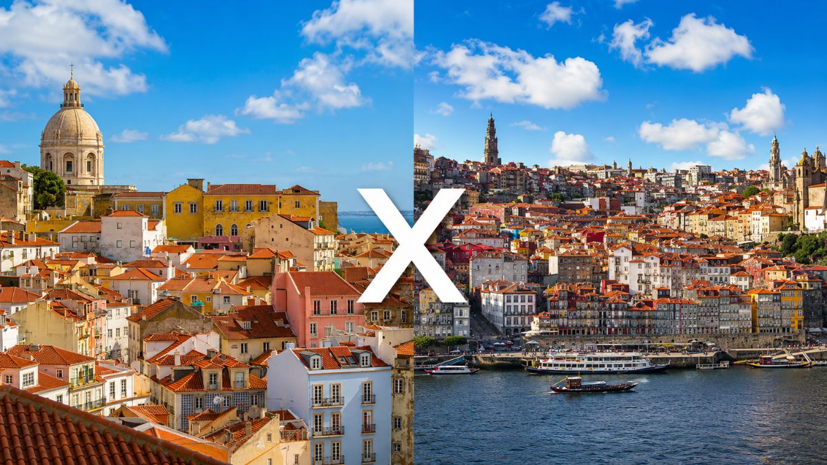 Montagem fotográfica dividida ao meio por uma letra X branca. O lado esquerdo mostra o casario colorido e a cúpula branca da Igreja de Santa Engrácia em Lisboa sob céu azul. O lado direito exibe a encosta densa da Ribeira com barcos no Rio Douro e a Torre dos Clérigos no Porto.