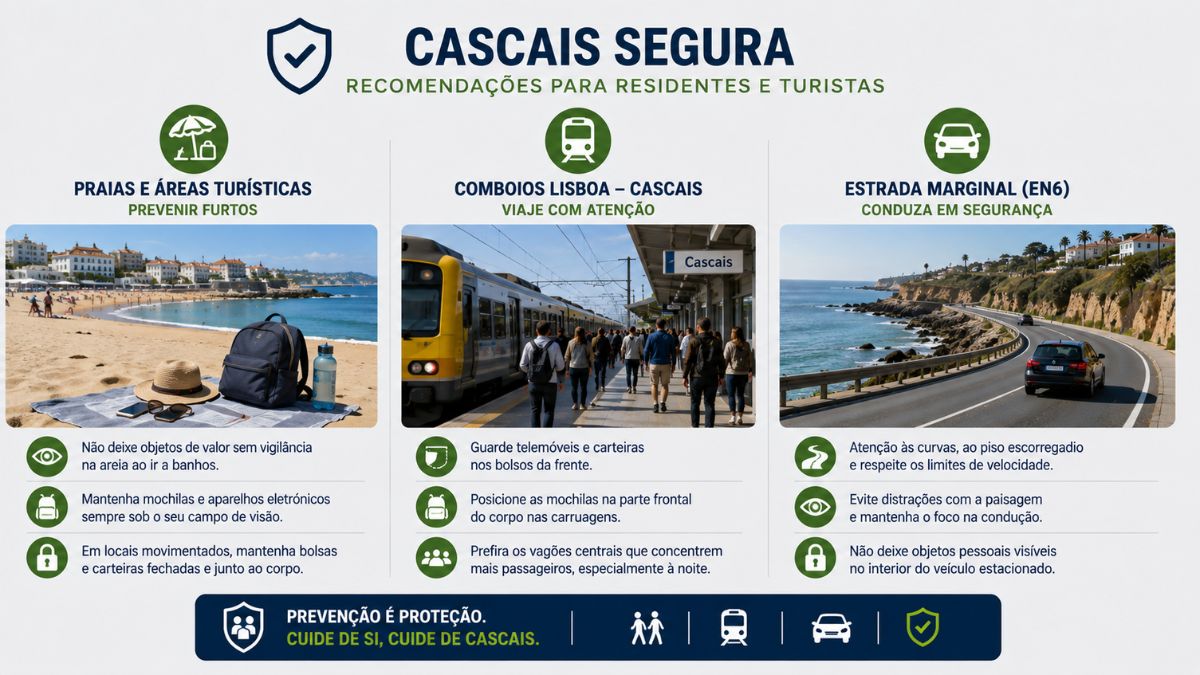 Infográfico com recomendações de segurança em Cascais para praias, comboios da linha Lisboa a Cascais e condução na Estrada Marginal EN6.