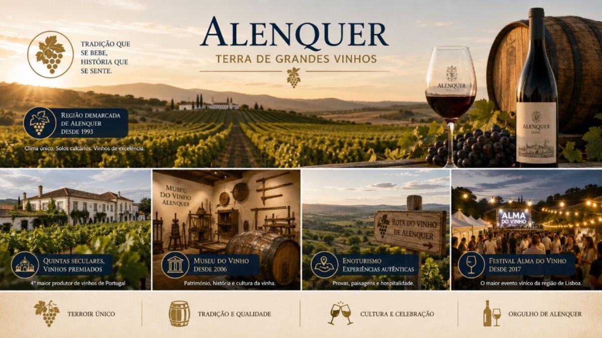 Infográfico sobre a tradição vitivinícola de Alenquer, destacando a Região Demarcada desde 1993, quintas seculares, o Museu do Vinho, enoturismo e o Festival Alma do Vinho.
