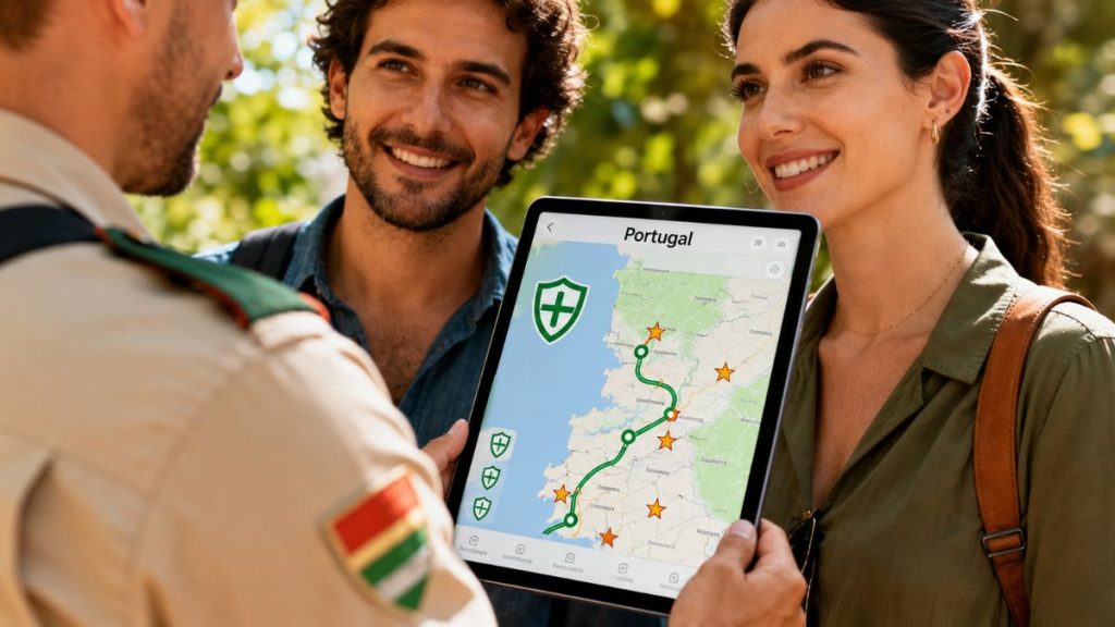 Guarda de turismo mostra mapa digital de Portugal em um tablet para casal de turistas sorridentes durante viagem segura pela região.