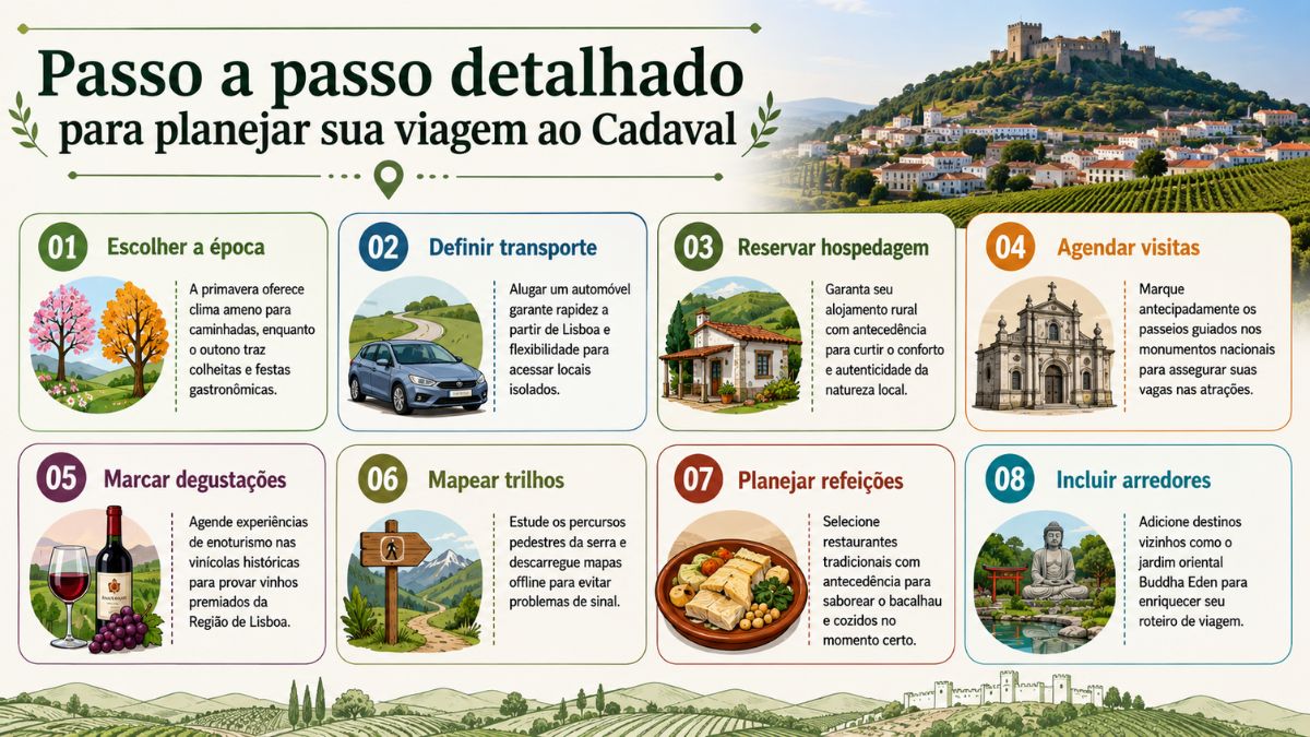 Infográfico com fundo claro detalhando o passo a passo completo para planejar uma viagem perfeita ao município do Cadaval em Portugal. O guia visual apresenta oito etapas ilustradas que cobrem desde a escolha da melhor época do ano e aluguel de transporte a partir de Lisboa até dicas de hospedagem rural e enoturismo na região Oeste.
