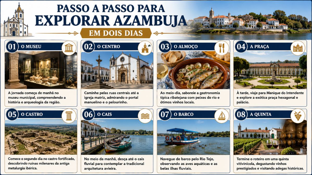 Infográfico com roteiro de dois dias em Azambuja contendo oito passos ilustrados com fotos dos pontos turísticos locais.