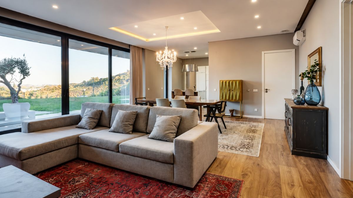 Interior de sala de estar ampla com sofá cinza, tapete vermelho, mesa de jantar de madeira e grande janela de vidro com vista para vales verdes em Portugal.