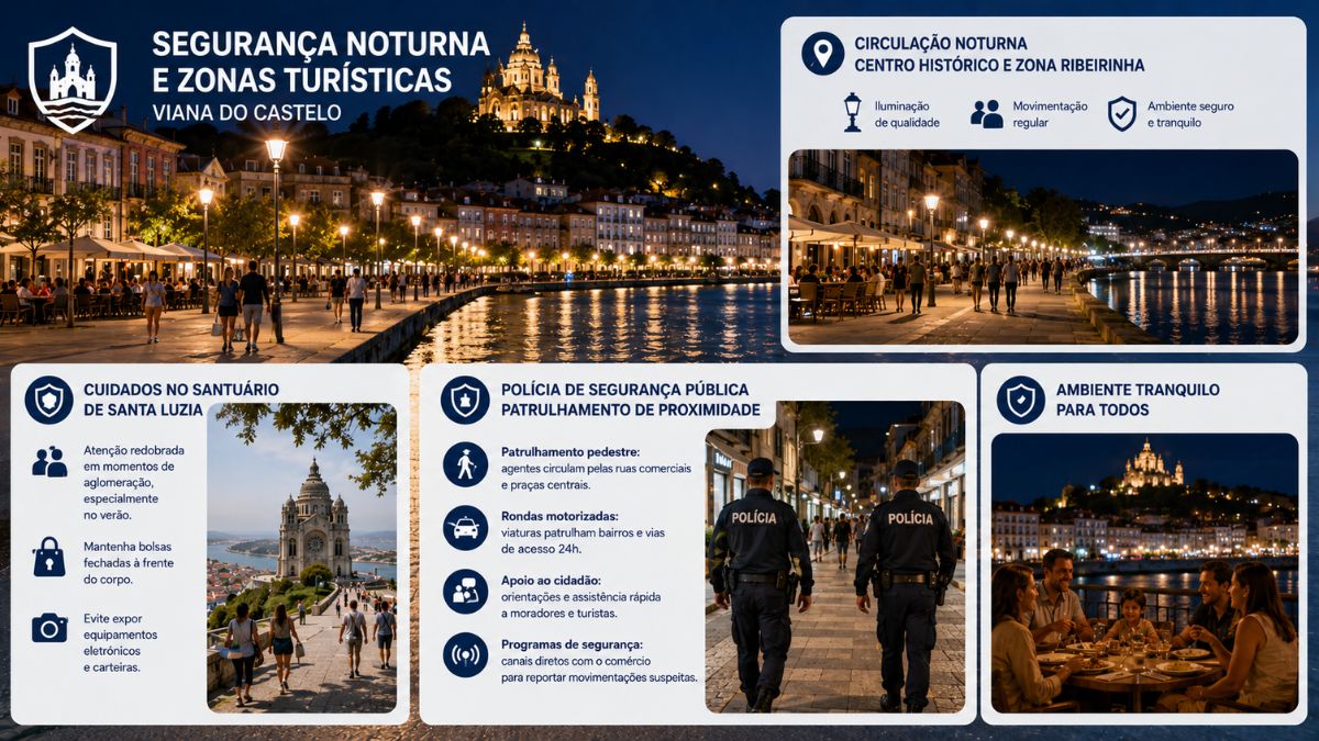 Infografia com dados sobre segurança noturna, patrulhamento policial e dicas preventivas para zonas turísticas em Viana do Castelo.