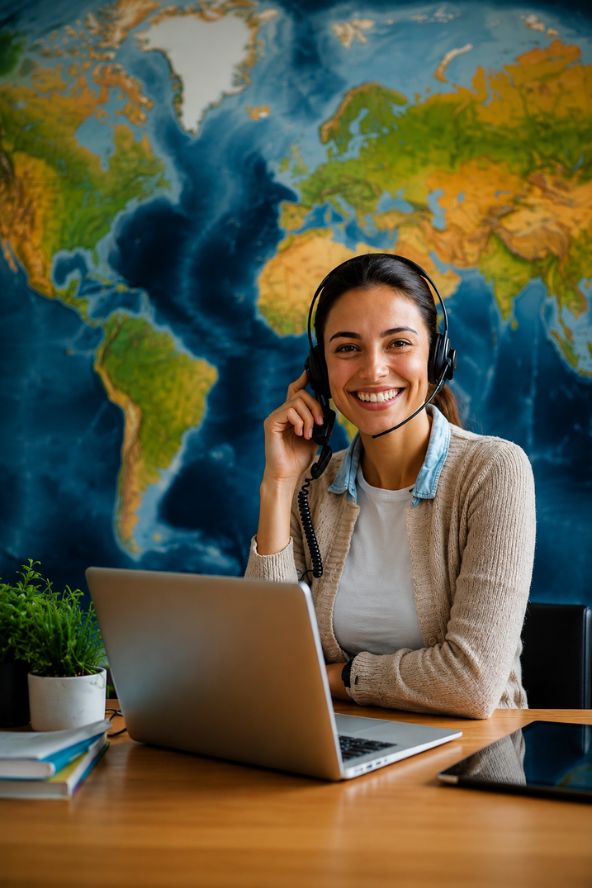 Atendente de turismo sorrindo com headset em frente ao notebook com mapa múndi vertical ao fundo em página de perguntas frequentes.