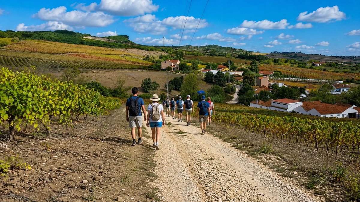 Grupo de caminhantes percorrendo uma trilha de terra entre vinhedos e colinas em Arruda dos Vinhos.