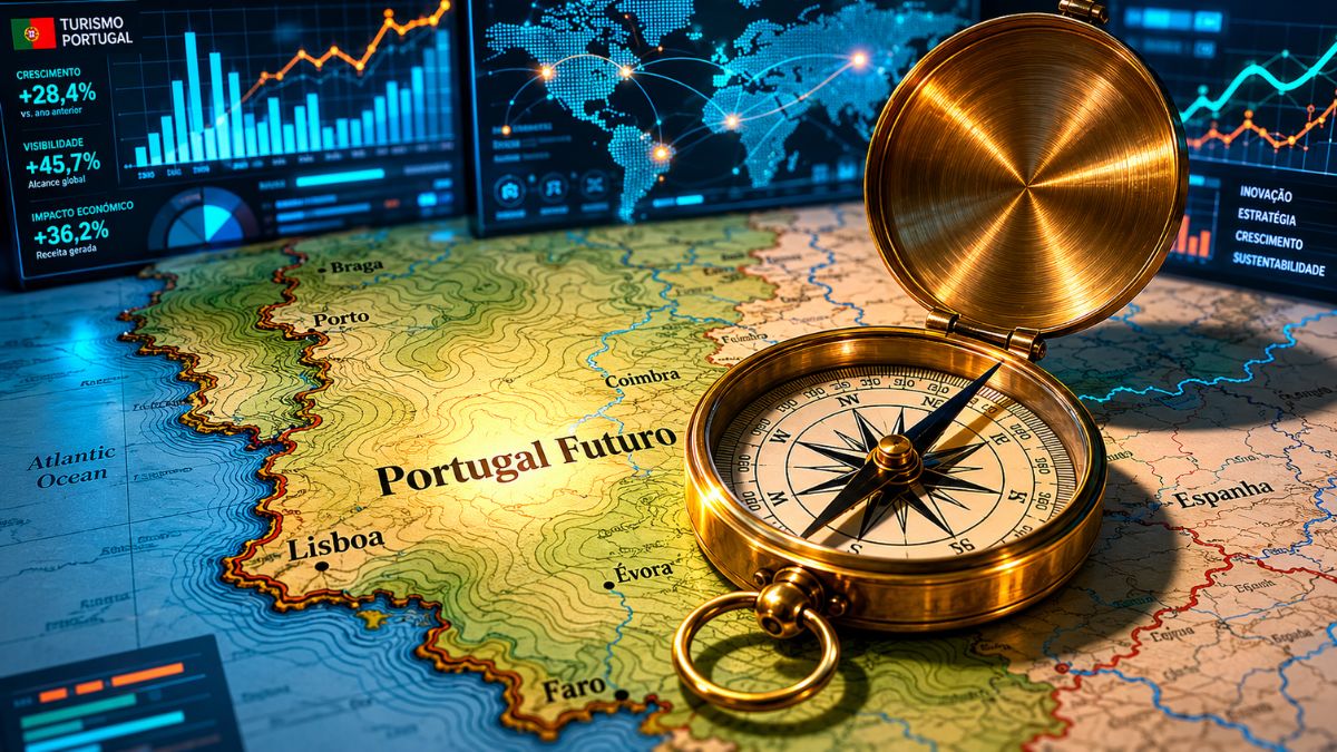Mapa estilizado de Portugal com uma bússola dourada em primeiro plano apontando para o futuro ao lado de telas digitais exibindo gráficos financeiros de crescimento e métricas de impacto do turismo.