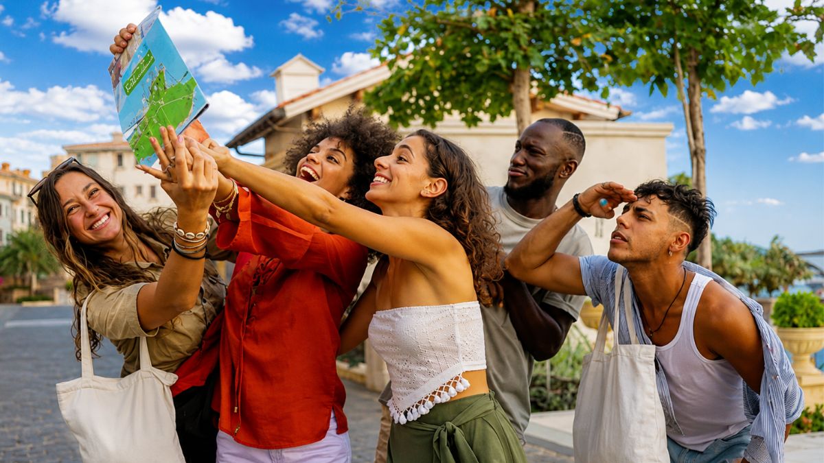 Grupo diversificado de cinco amigos turistas sorrindo e olhando para um mapa turístico colorido em papel que seguram juntos, ao ar livre, em uma vila histórica com prédios de pedra e céu azul. Eles representam o planejamento de viagens em Portugal usando ferramentas digitais e tradicionais para explorar além de Lisboa e do Porto.