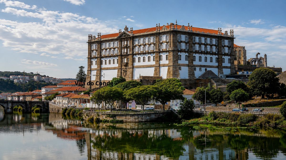 Uma grande edificação histórica de pedra e paredes brancas no topo de uma colina refletida nas águas calmas de um rio com árvores na margem.
