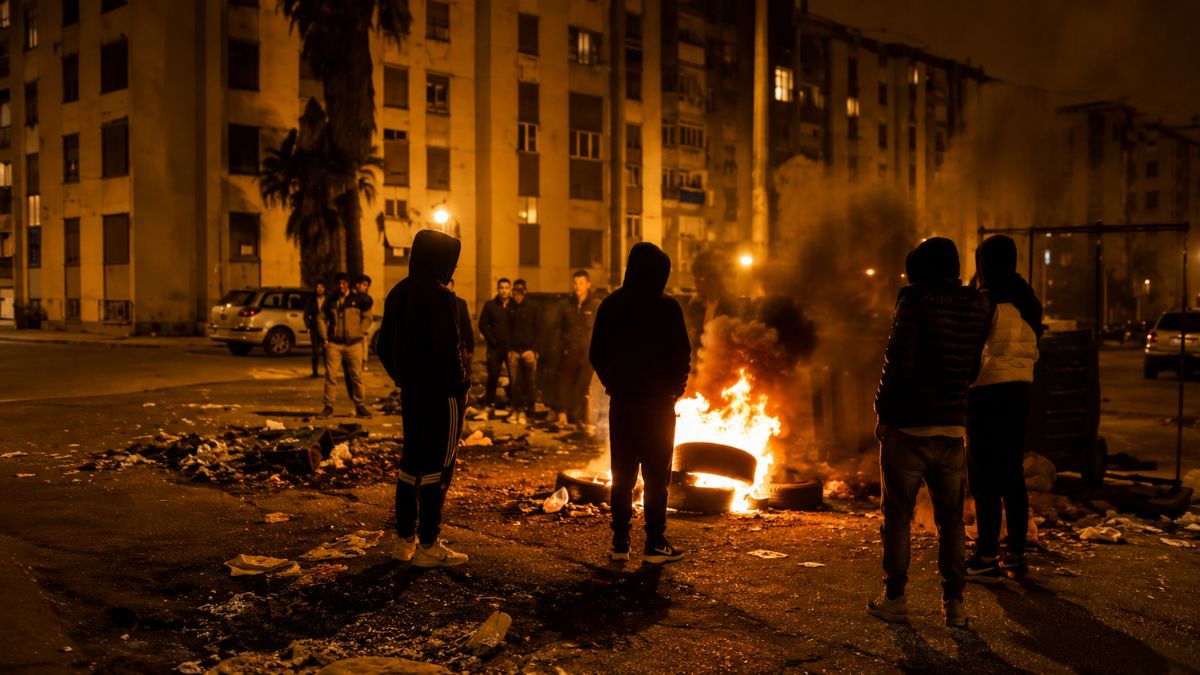 Fotografia noturna em um dos bairros mais violentos de Portugal com jovens encapuzados reunidos ao redor de pneus queimando em via pública diante de prédios residenciais degradados.