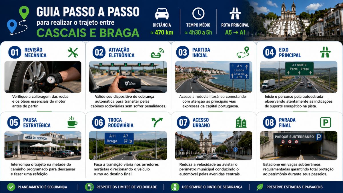 Infográfico dividido em oito etapas numeradas detalhando um guia de viagem de carro entre Cascais e Braga em Portugal com ícones e fotos ilustrativas.