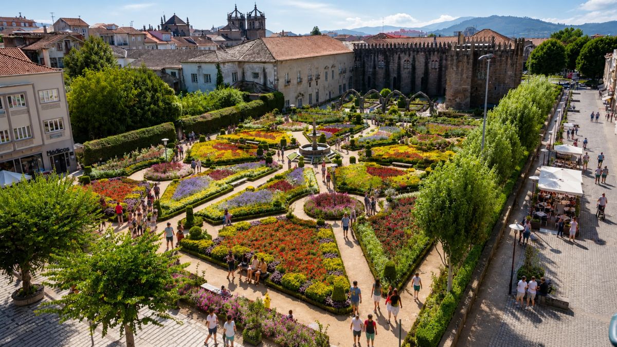 Vista aérea do Jardim de Santa Bárbara em Braga com canteiros geométricos de flores coloridas e ruínas medievais ao fundo.