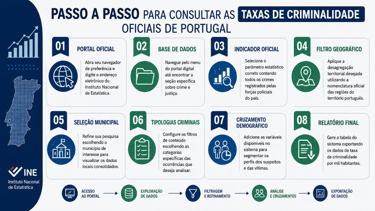 Infográfico explicativo detalhando em oito etapas numeradas o método oficial para consultar as taxas de criminalidade de Portugal utilizando a base de dados do Instituto Nacional de Estatística.