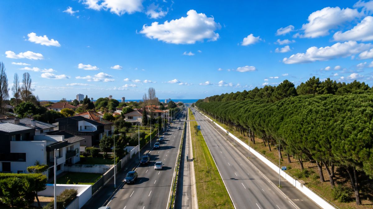 Vista aérea da Avenida da Boavista mostrando pistas de rodagem carros em movimento moradias luxuosas e extensa fileira de pinheiros sob céu azul no Porto